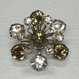 Vintage Rhinestone Floral Starburst Brooch Pin Silver Tone 1.5" Clear Green